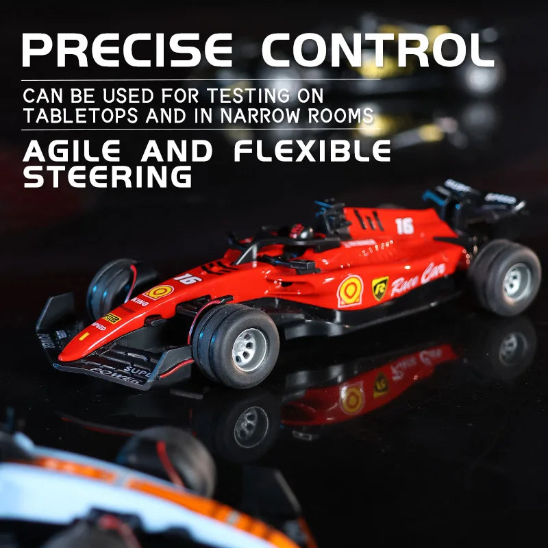 A red mini F1 racing RC drift car is shown on a dark surface with text promoting precise control and agile steering.