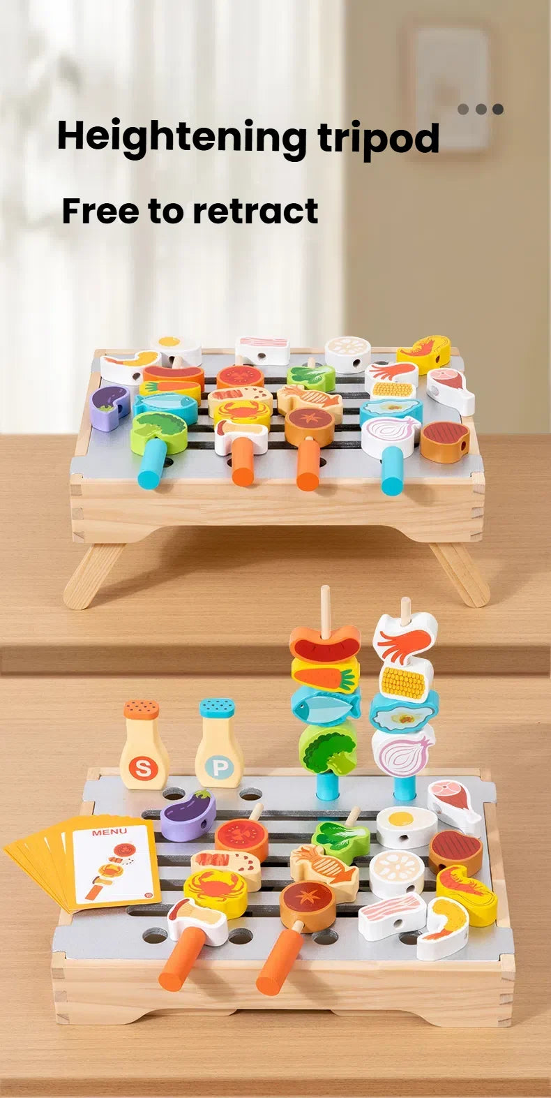 A wooden BBQ tripod playset with various food items and grill tools for pretend play.