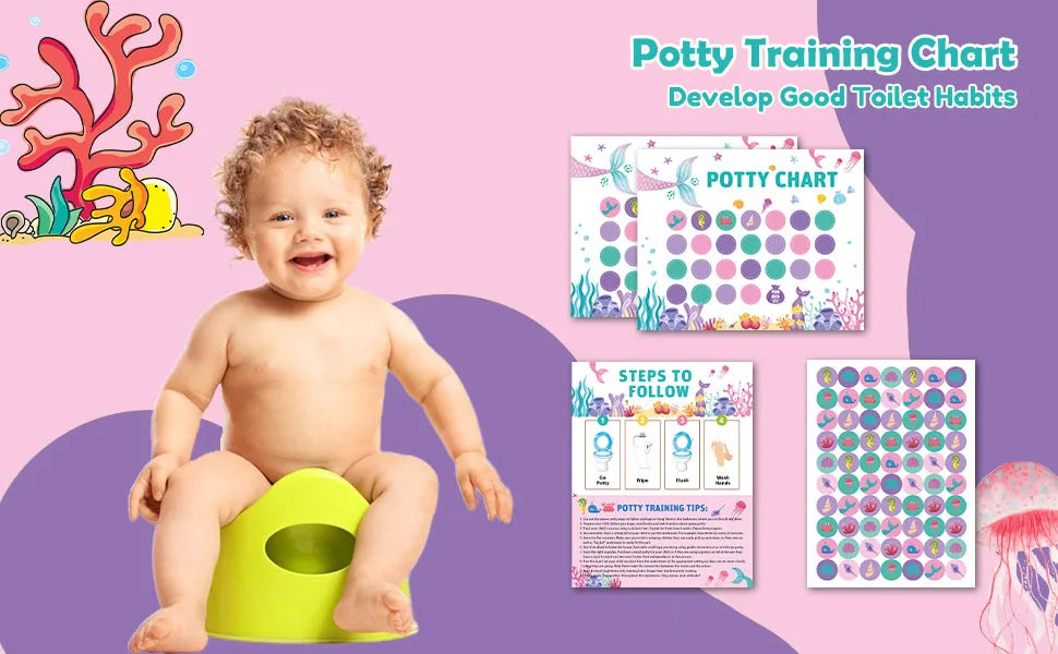 A chart for potty training includes a potty chart, steps to follow, and reward stickers for toddlers.