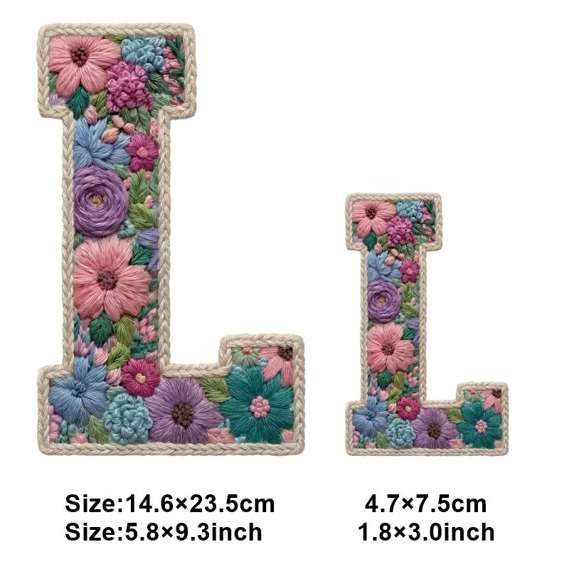 A large, textured floral letter L made of colorful fabric patches for DIY clothing and accessories.