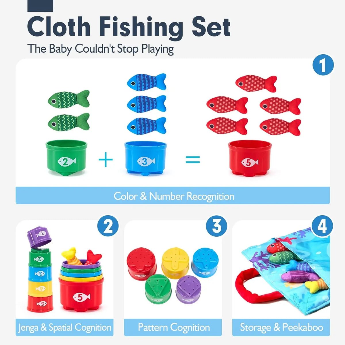 A set of cloth fishing toys featuring colored fish, stacking cups, and storage containers for color and number recognition.