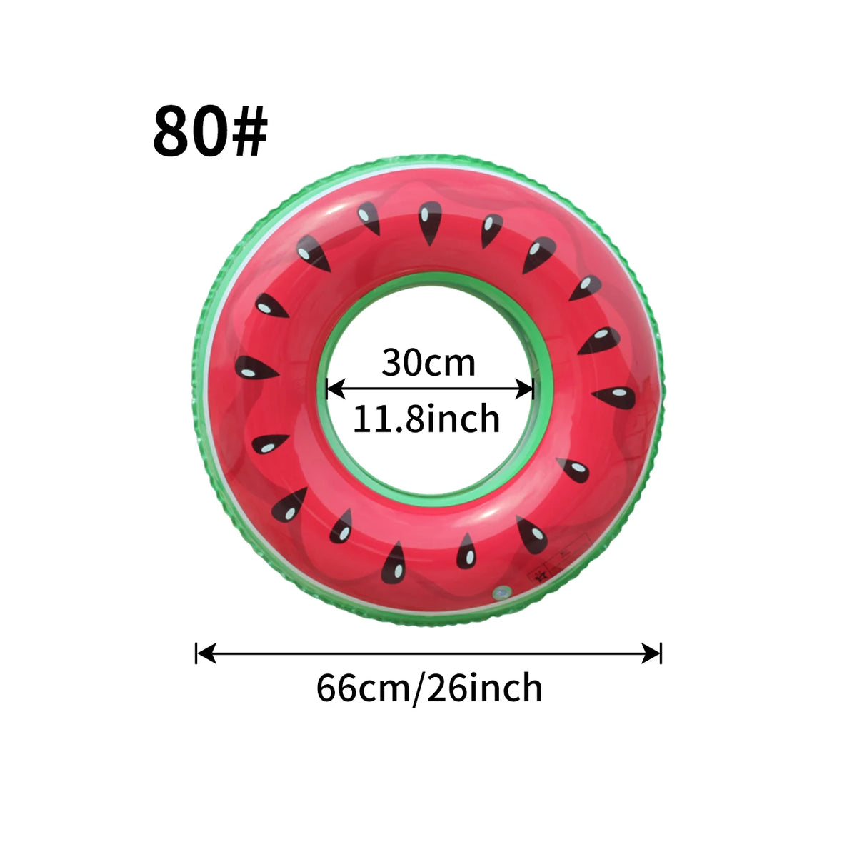 A red inflatable pool float ring with black fruit designs, measuring 30cm or 11.8 inches in diameter.