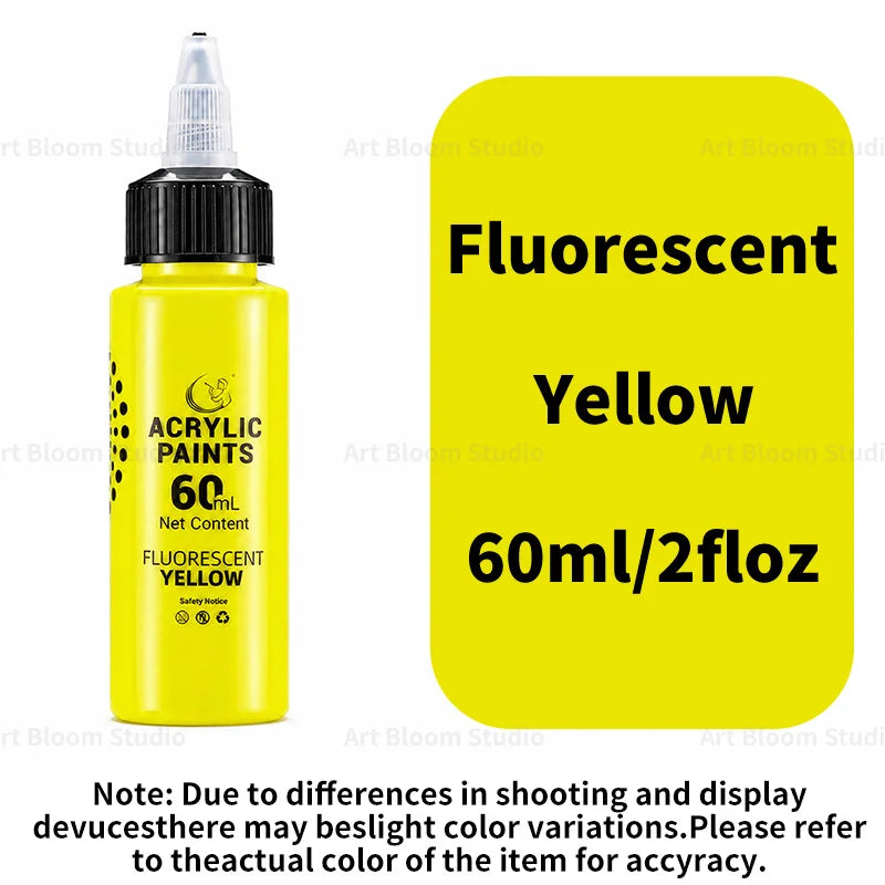 Yellow fluorescent acrylic paint in a bottle labeled 60ml/2floz