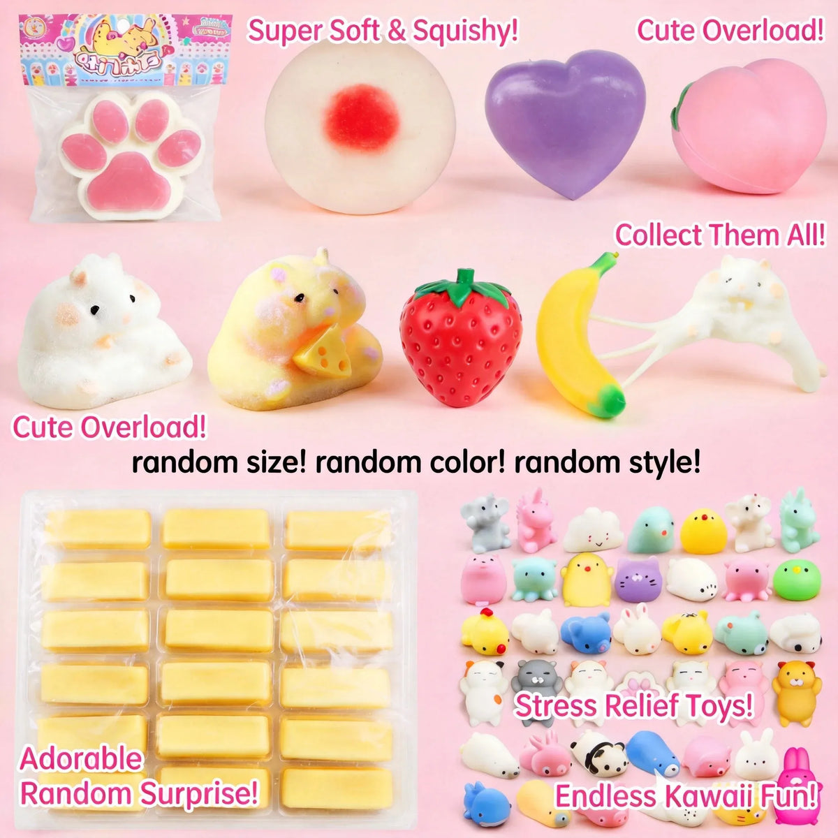 A collection of various squishy toys including a heart, a strawberry, and yellow and pink stress balls.