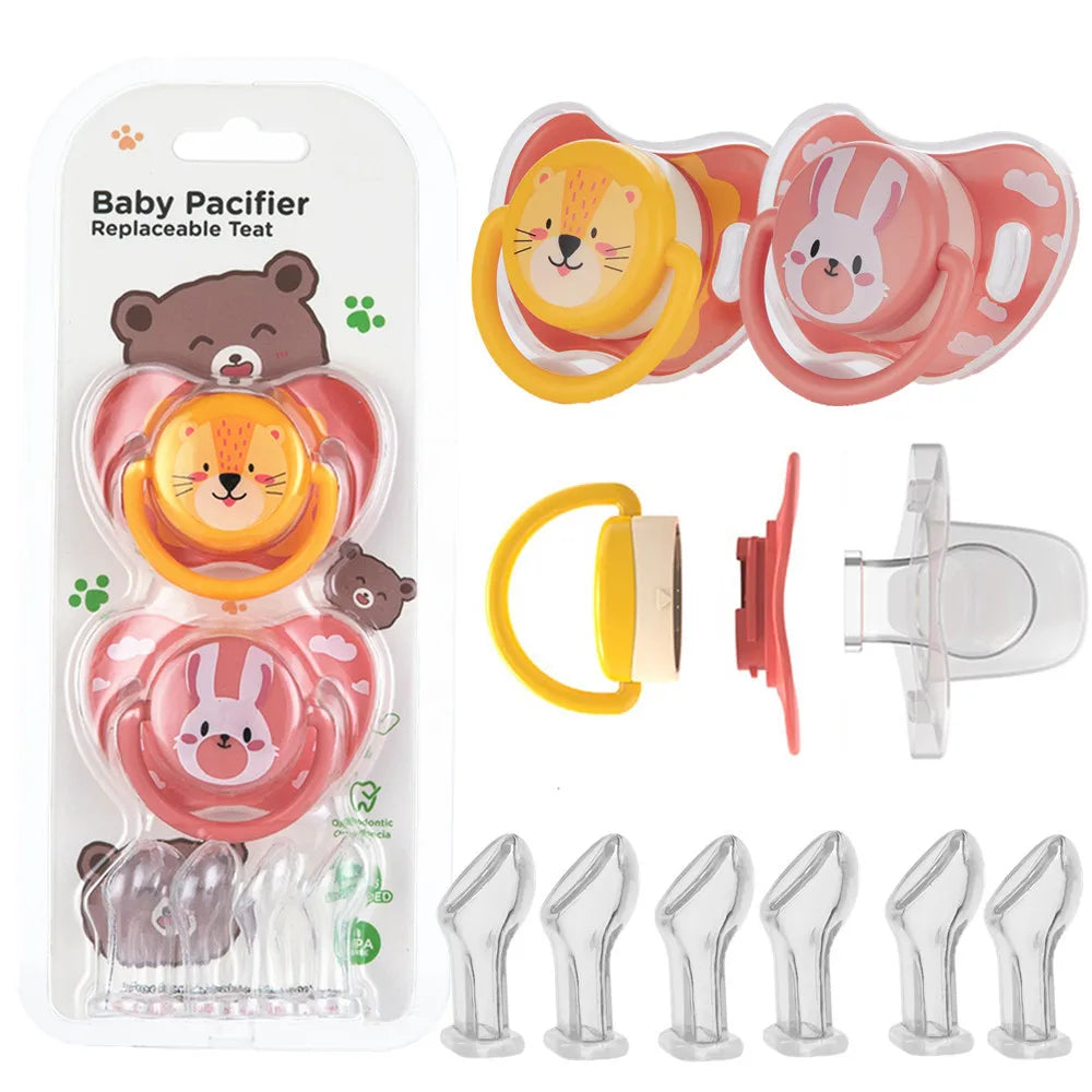 A set of six interchangeable silicone pacifier teats in various colors and shapes for babies.