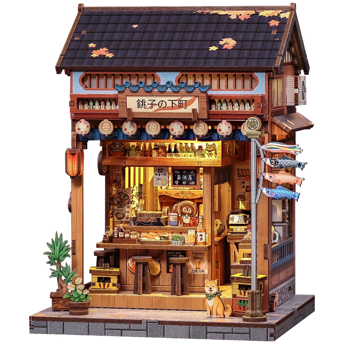 A detailed 3D wooden book nook kit featuring a traditional Japanese storefront with LED lighting.
