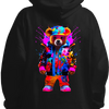 A person wearing a black hoodie displays a graphic of a bear with colorful graffiti patches on its fur.