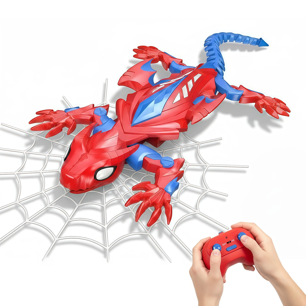 A red and blue gecko wall crawler robot is shown crawling on a white mesh net.