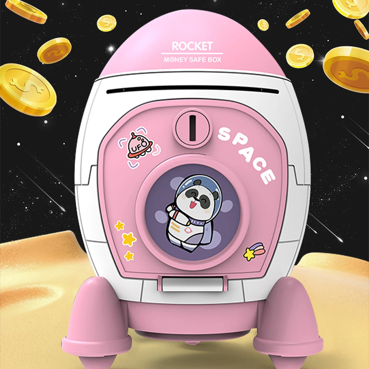 Pink rocket shaped piggy bank with a panda face inside, set against a dark space background.