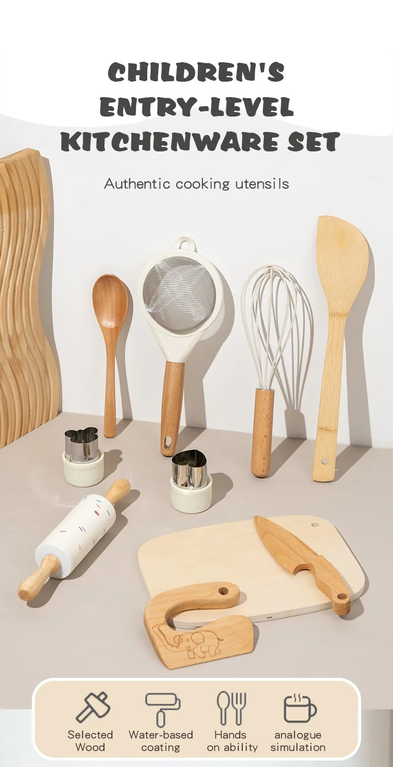 Wooden Kids Safe Knife Set with Baking Tools for Little Chefs