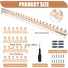 Wooden knitting loom components including a long wooden bar, various sized wooden pegs, and a screwdriver.