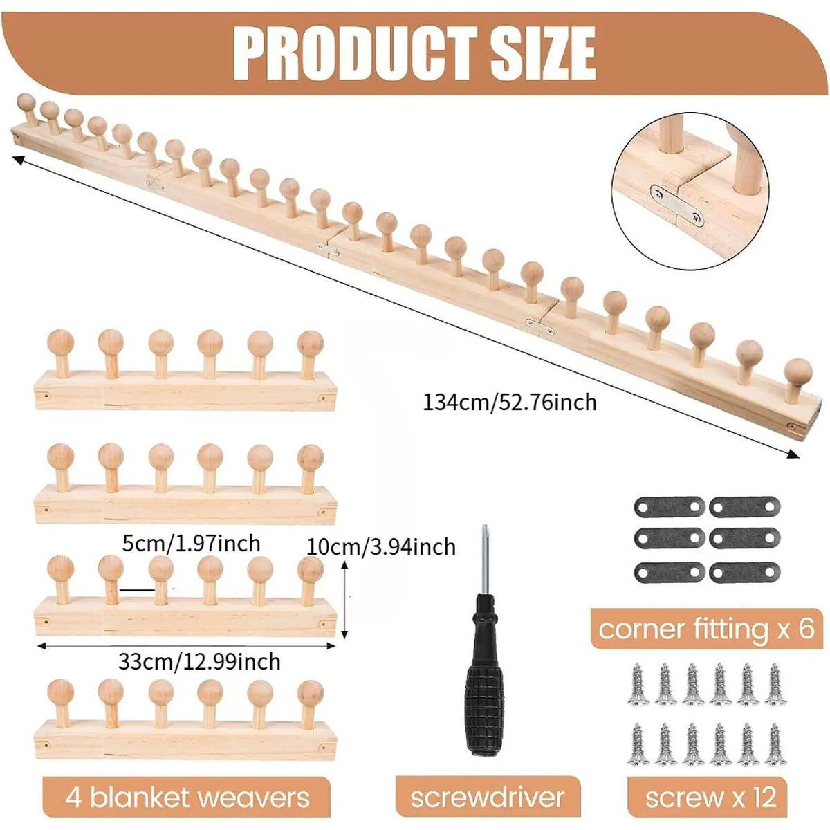 Wooden knitting loom components including a long wooden bar, various sized wooden pegs, and a screwdriver.
