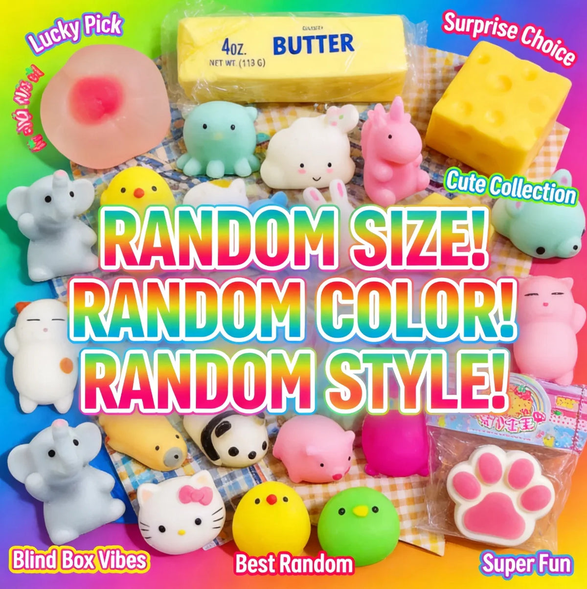 A collection of various squishy fidget toys and a block of butter presented in a colorful box.