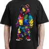 A man wearing a black t-shirt featuring a colorful graffiti bear design.