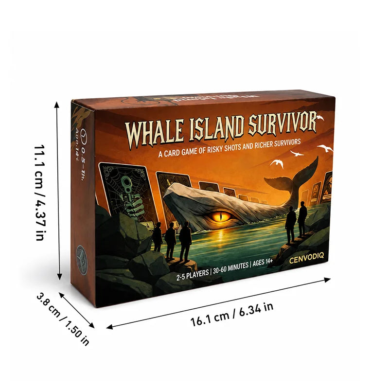 Box of Whale Island Survivor card game featuring artwork of a whale and survival themes