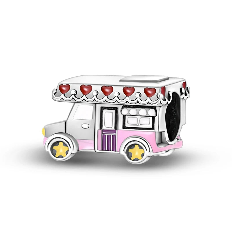 Sterling silver charm bead pendant shaped like a vintage car with decorative elements.