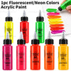 A collection of 8 fluorescent acrylic paints in various colors like green, orange, magenta, and yellow, shown in glass bottle