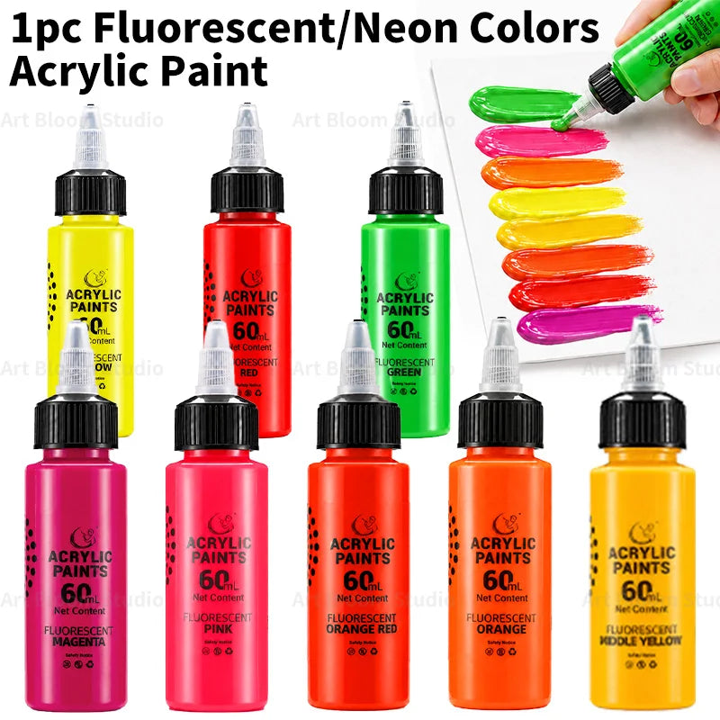A collection of 8 fluorescent acrylic paints in various colors like green, orange, magenta, and yellow, shown in glass bottle