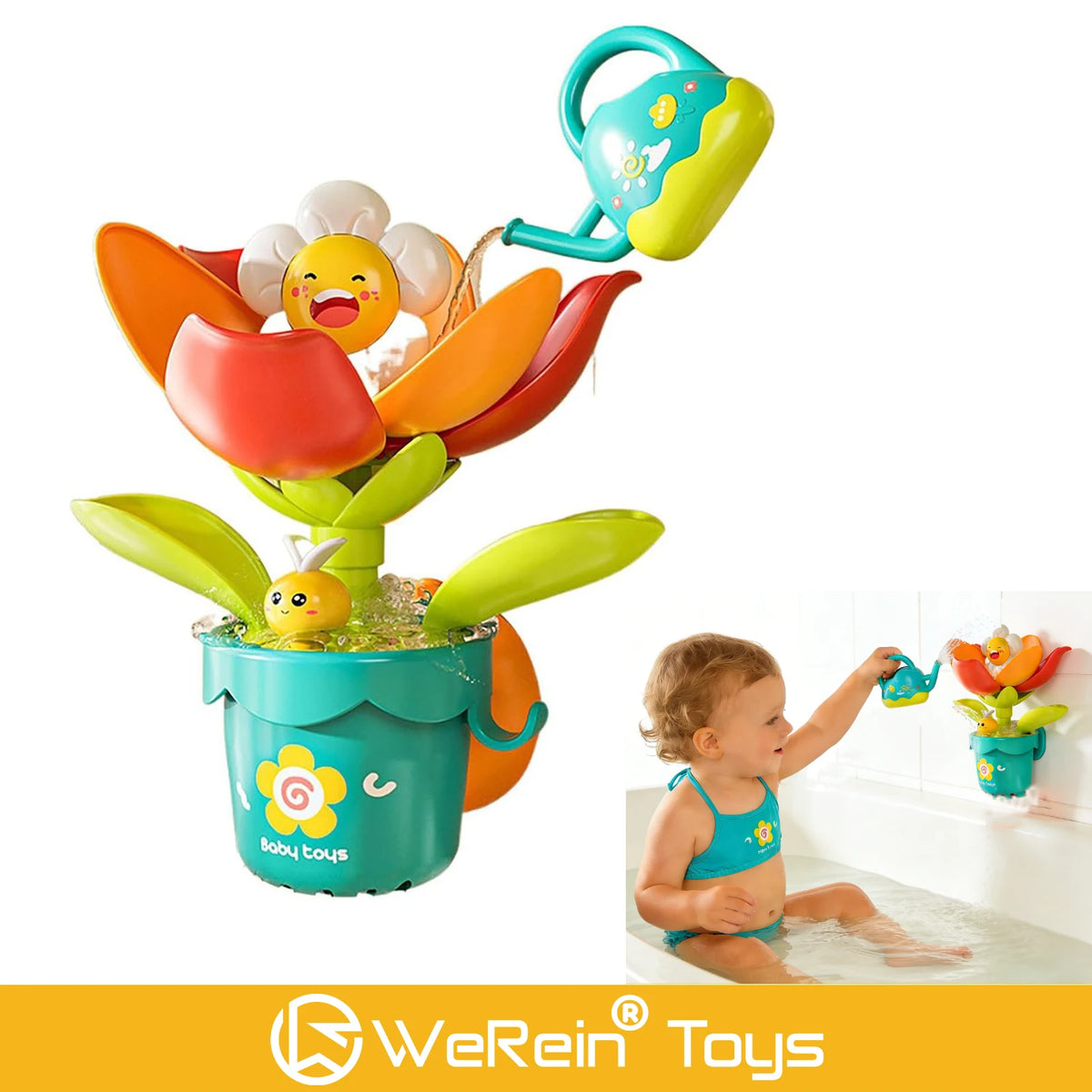 A colorful sunflower watering bath toy with a suction cup is shown in action.
