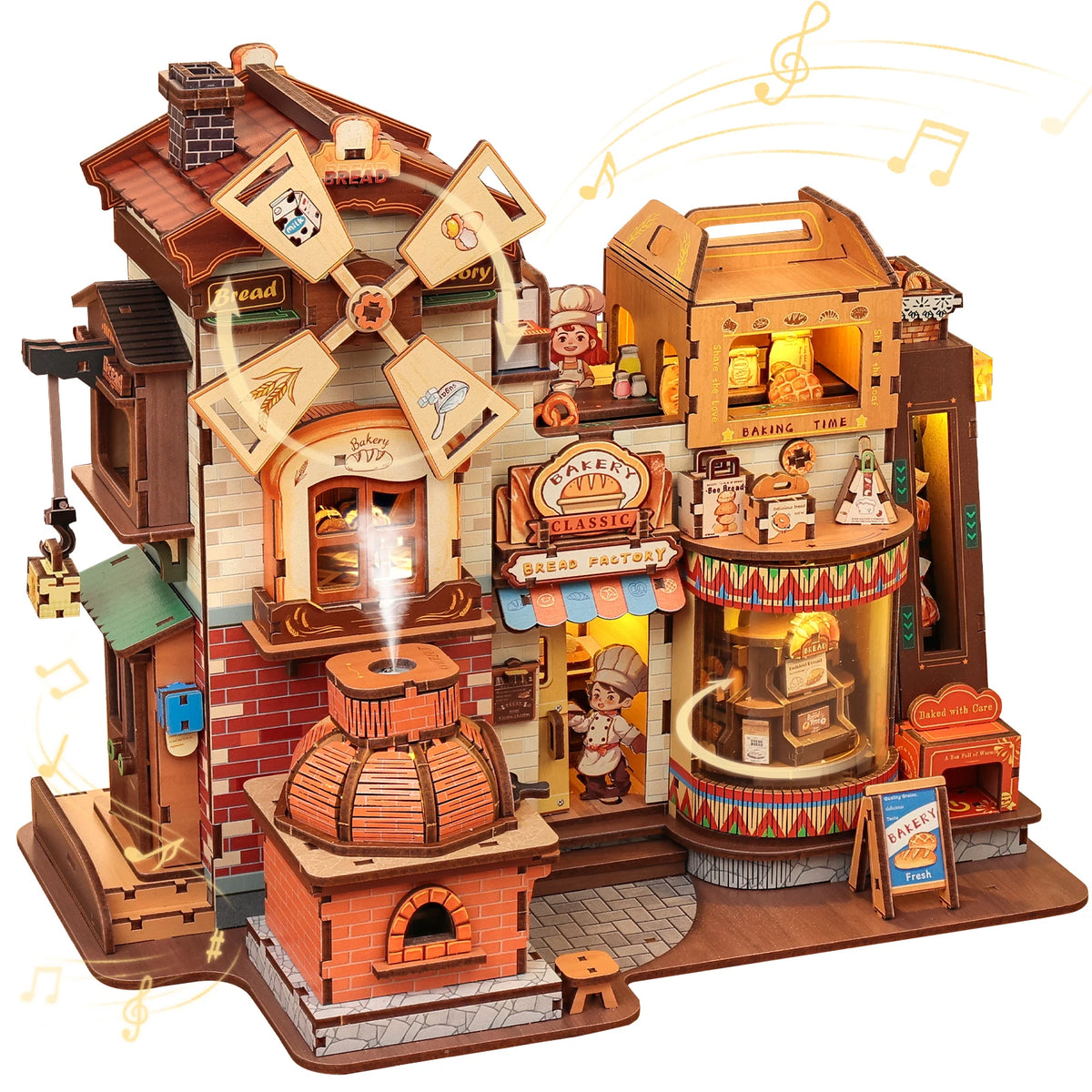 A wooden book nook kit featuring a bakery storefront with detailed architecture and lighting elements.