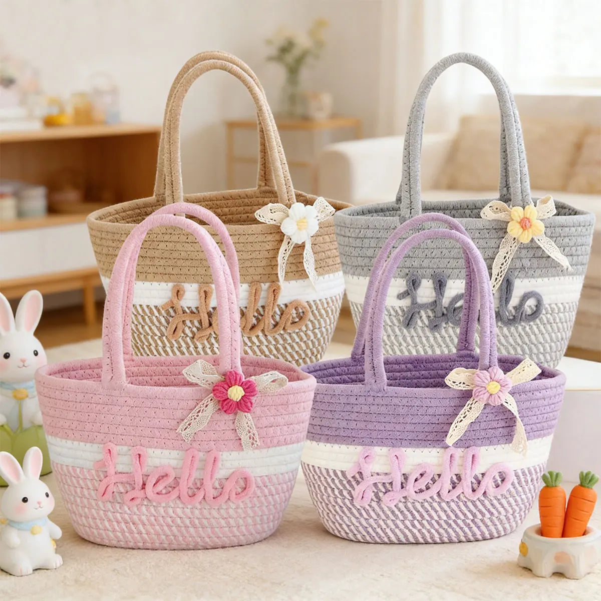 A collection of pink, purple, and beige braided cotton tote bags with floral accents displayed on a light surface.