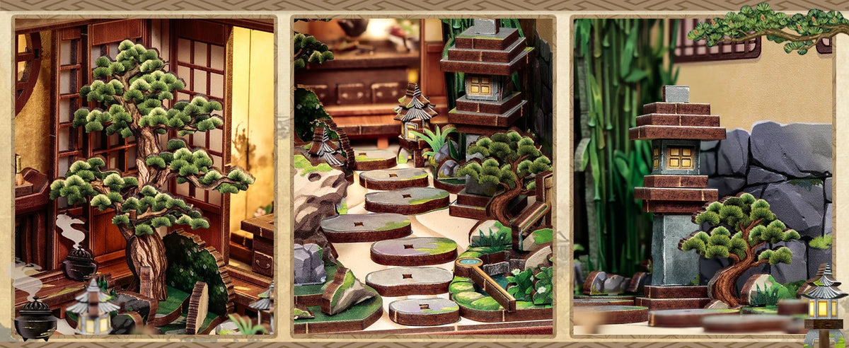 A set of 3D wooden book nook kits featuring miniature scenes with LED lighting and detailed foliage.