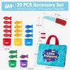 A set of fishing game accessories including 22 pieces such as fish, cups, and a fishing rod and storage bag.