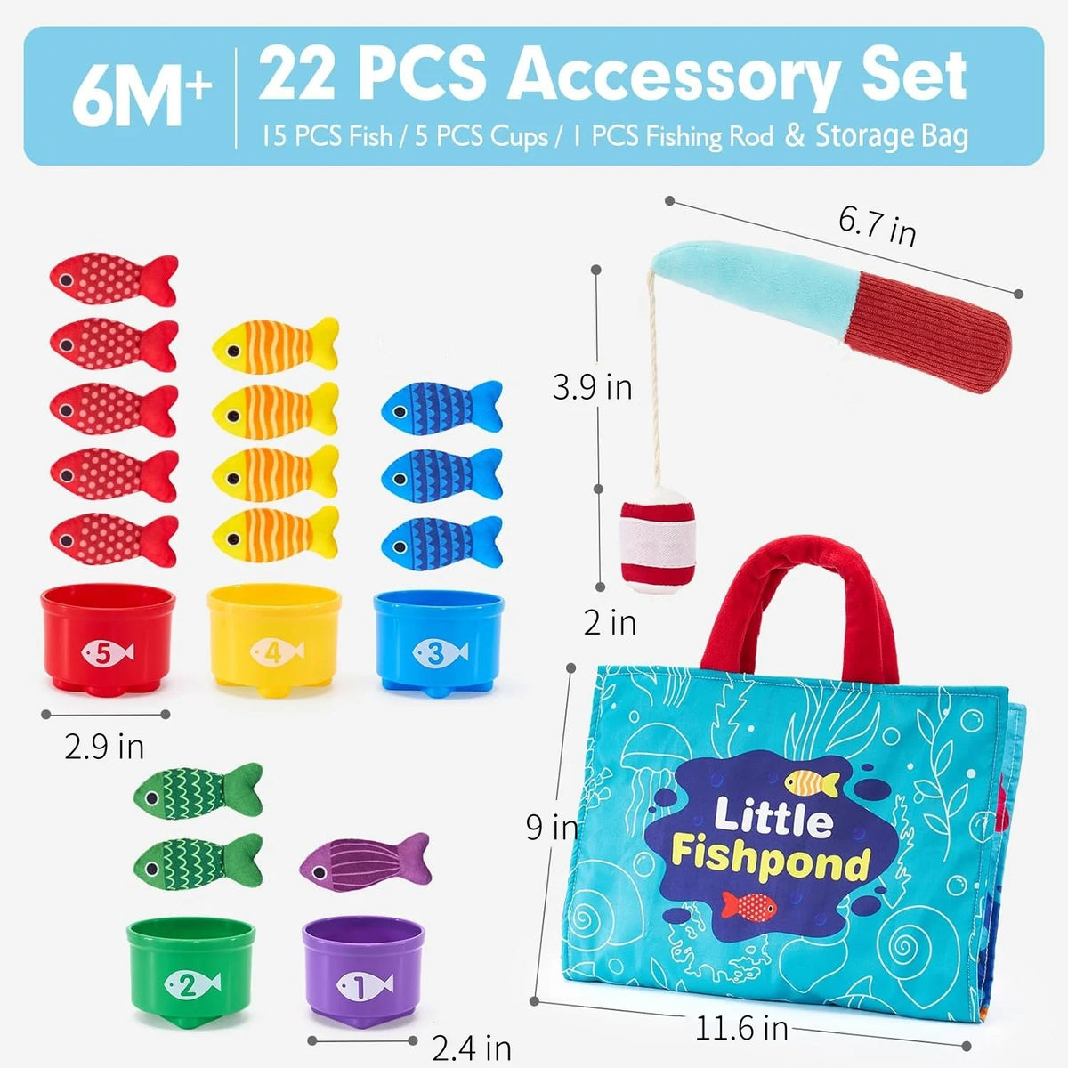 A set of fishing game accessories including 22 pieces such as fish, cups, and a fishing rod and storage bag.