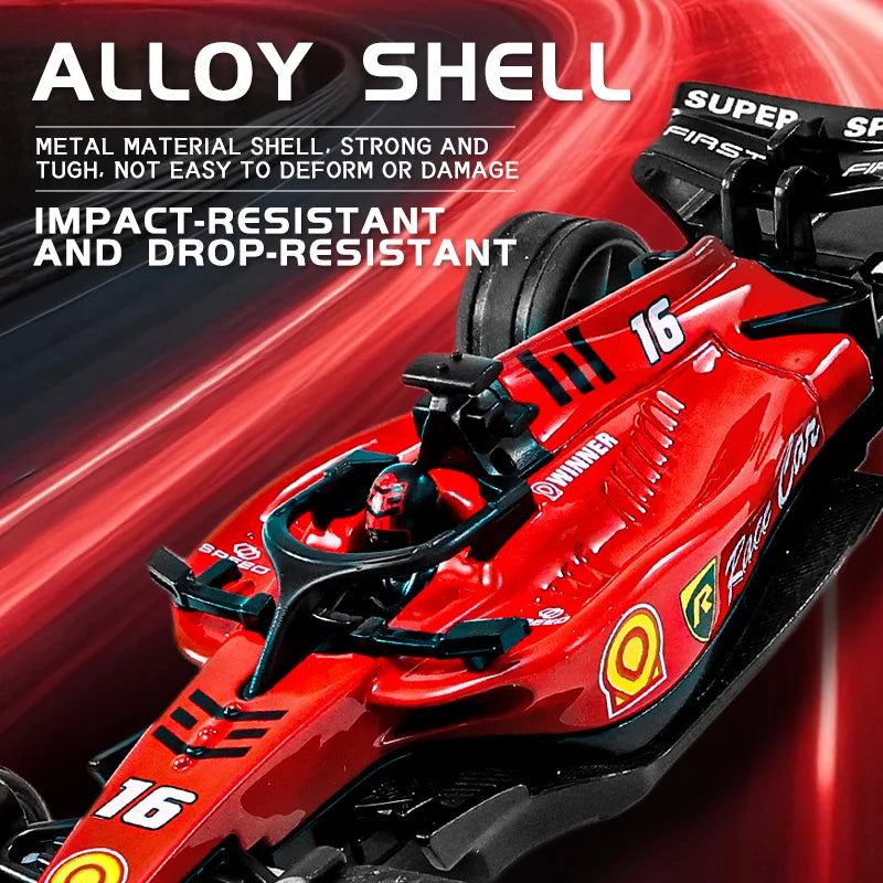 A red alloy shell mini F1 racing RC drift car with number 16 is shown in a close-up view.