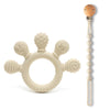 A silicone baby teether with chew beads and a wooden handle, designed for soothing gum relief.