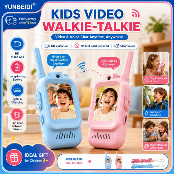 A pair of pink and blue kids video walkie-talkies showing a child on each device, designed for video and voice communication.