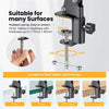 Black flexible gooseneck arm tripod with a clamp mount shown in various contexts for tables and desktops