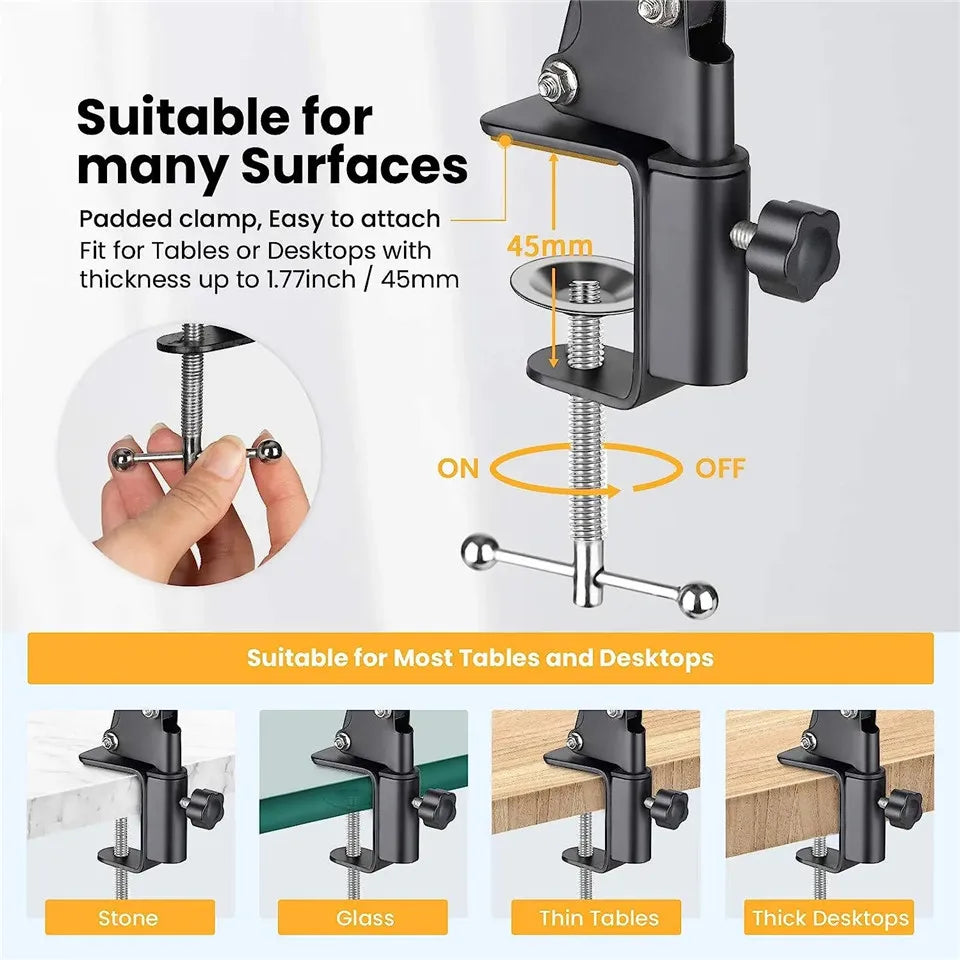 Black flexible gooseneck arm tripod with a clamp mount shown in various contexts for tables and desktops