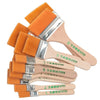 A set of twelve orange paint brushes with silver ferrules arranged in a fan shape.
