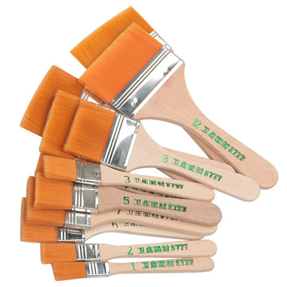 A set of twelve orange paint brushes with silver ferrules arranged in a fan shape.