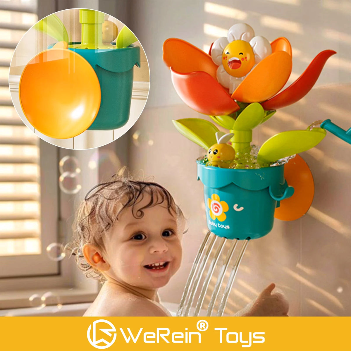 A child is interacting with a colorful sunflower watering bath toy featuring suction cups and various flower shapes.
