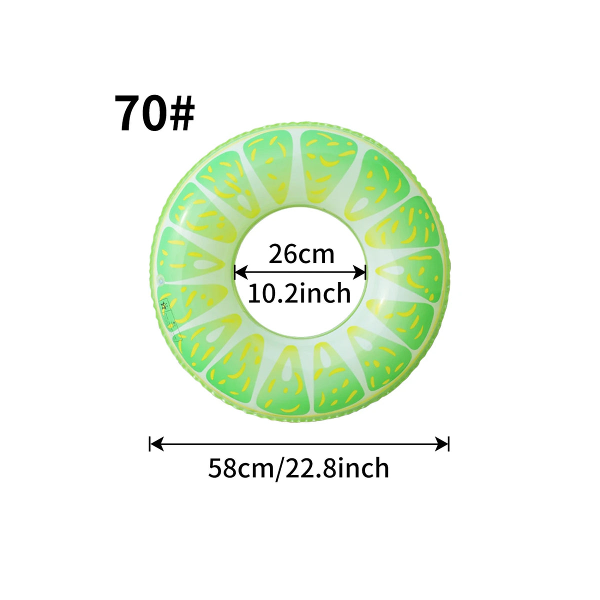 A circular green inflatable pool float ring with a fruit pattern, measuring 26cm in diameter.