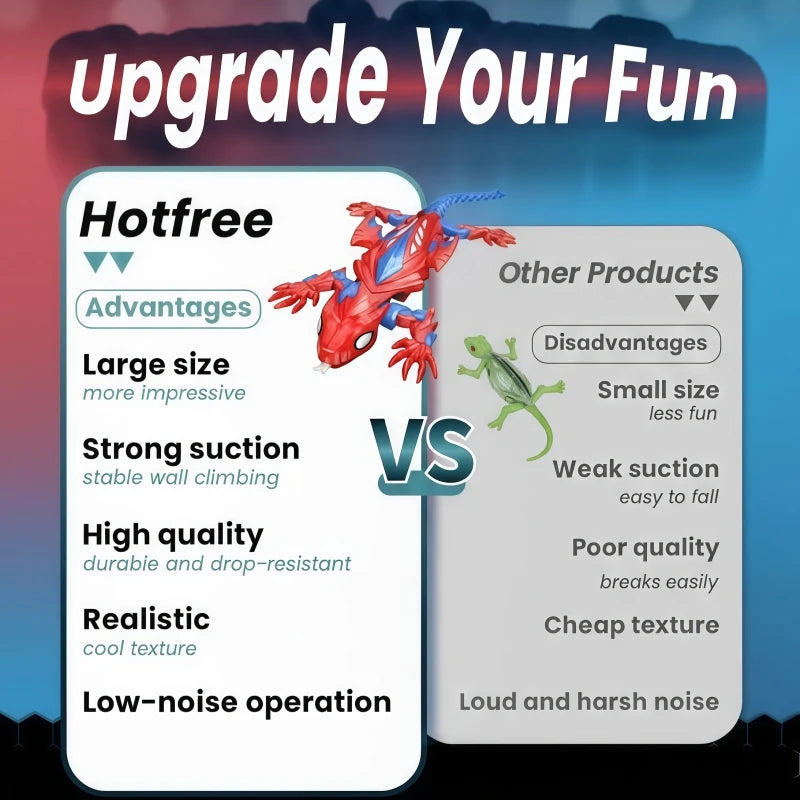 A red gecko wall crawler robot is shown next to a green lizard, comparing the advantages and disadvantages of the Hotfree pro