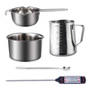A complete candle making kit featuring a stainless steel melting pot, measuring cup, and a digital thermometer.