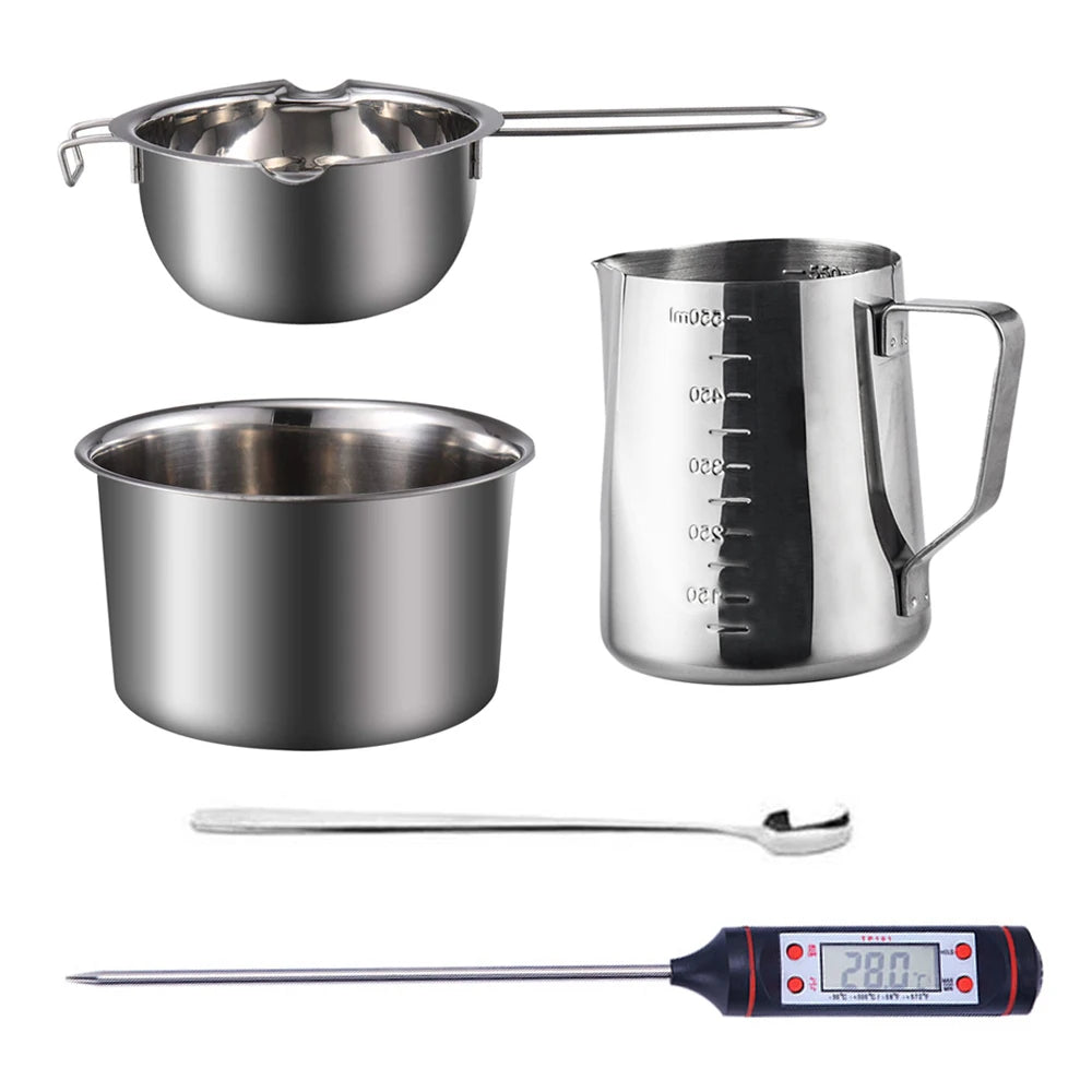 A complete candle making kit featuring a stainless steel melting pot, measuring cup, and a digital thermometer.