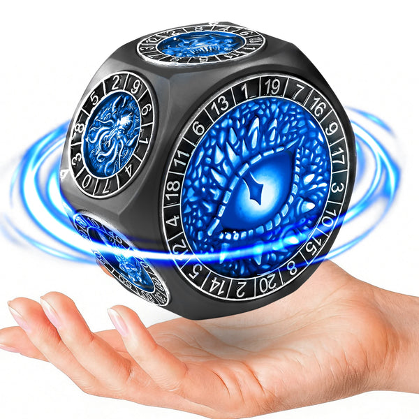 A hand holds a black metal spinner dice set with glowing blue accents, showing various numbered dice faces.
