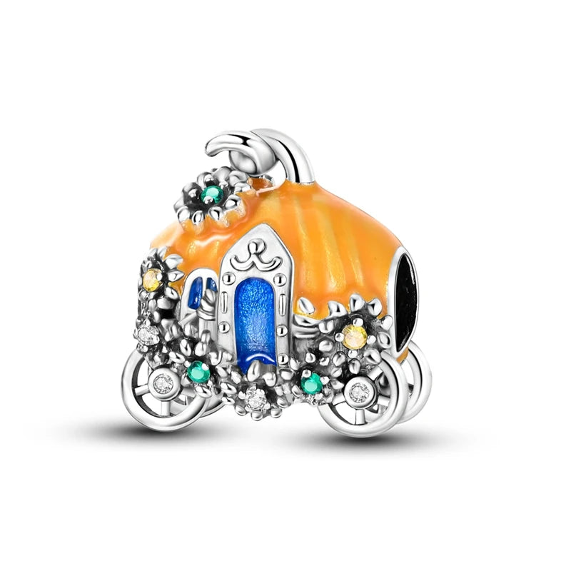 Sterling silver charm bead pendant featuring a car, key, and floral elements set in an orange-colored charm.