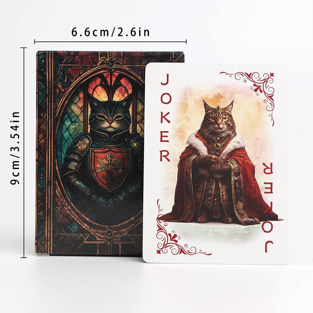 A vintage illustration of a cat wearing armor and a crown, featured on a playing card design.