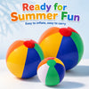A colorful rainbow inflatable beach ball is shown ready for summer fun.