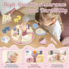 A child is playing with a wooden pretend play birthday cake set featuring various tools and accessories.