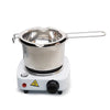A complete candle making kit featuring a stainless steel melting pot, thermometer, and measuring cup on an electric heating b