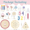 A package including various wooden pretend play birthday cake items like candles, ice cream pops, and cake shapes.