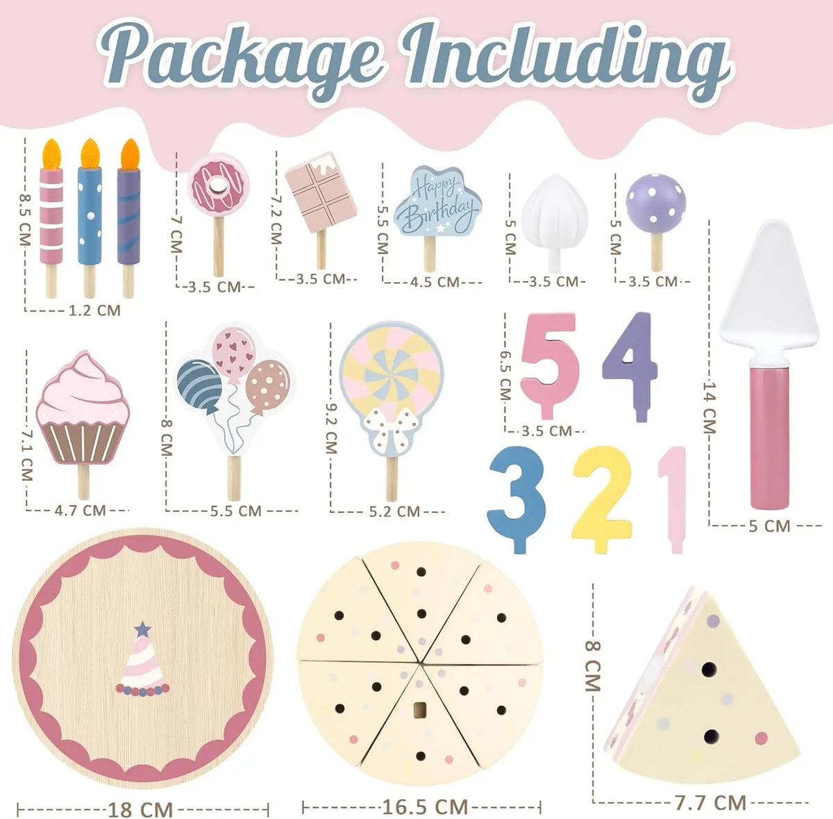 A package including various wooden pretend play birthday cake items like candles, ice cream pops, and cake shapes.