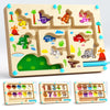 A wooden Montessori magnetic color sorting maze puzzle board for toddlers featuring various colored shapes and pathways.