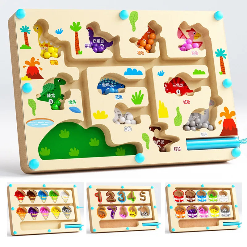 A wooden Montessori magnetic color sorting maze puzzle board for toddlers featuring various colored shapes and pathways.